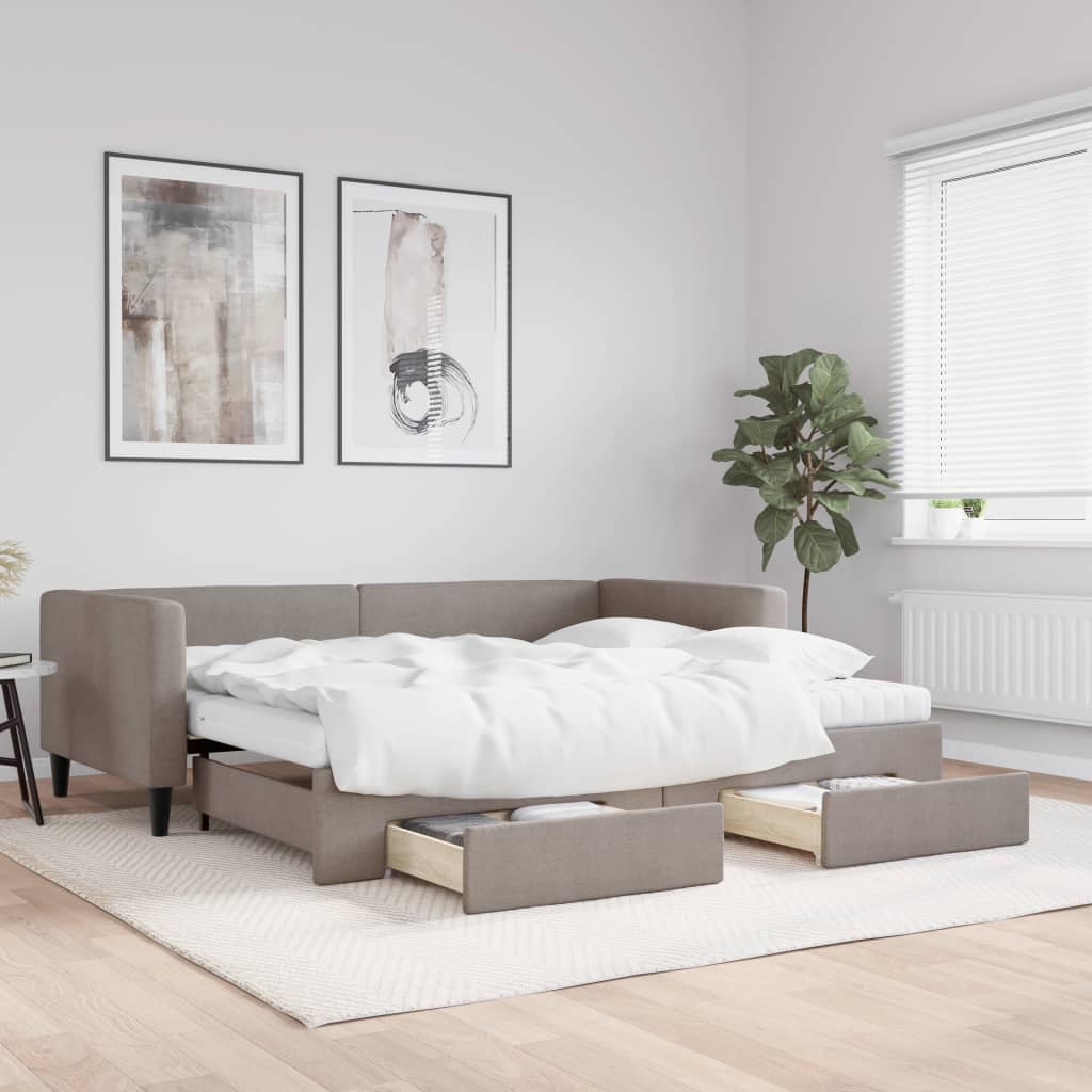 Lit de jour avec gigogne et tiroirs taupe 90x200 cm tissu - XIOS