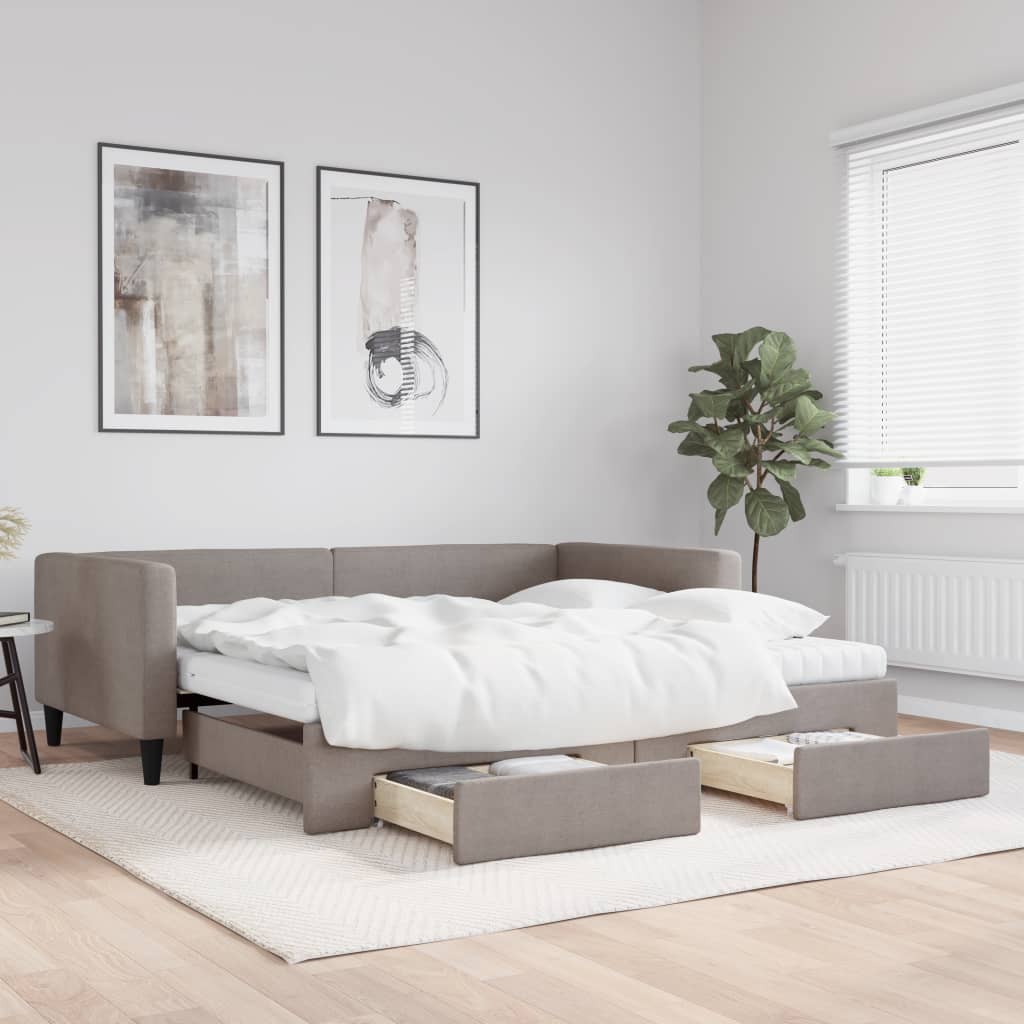 Lit de jour avec gigogne et tiroirs taupe 100x200 cm tissu - XIOS