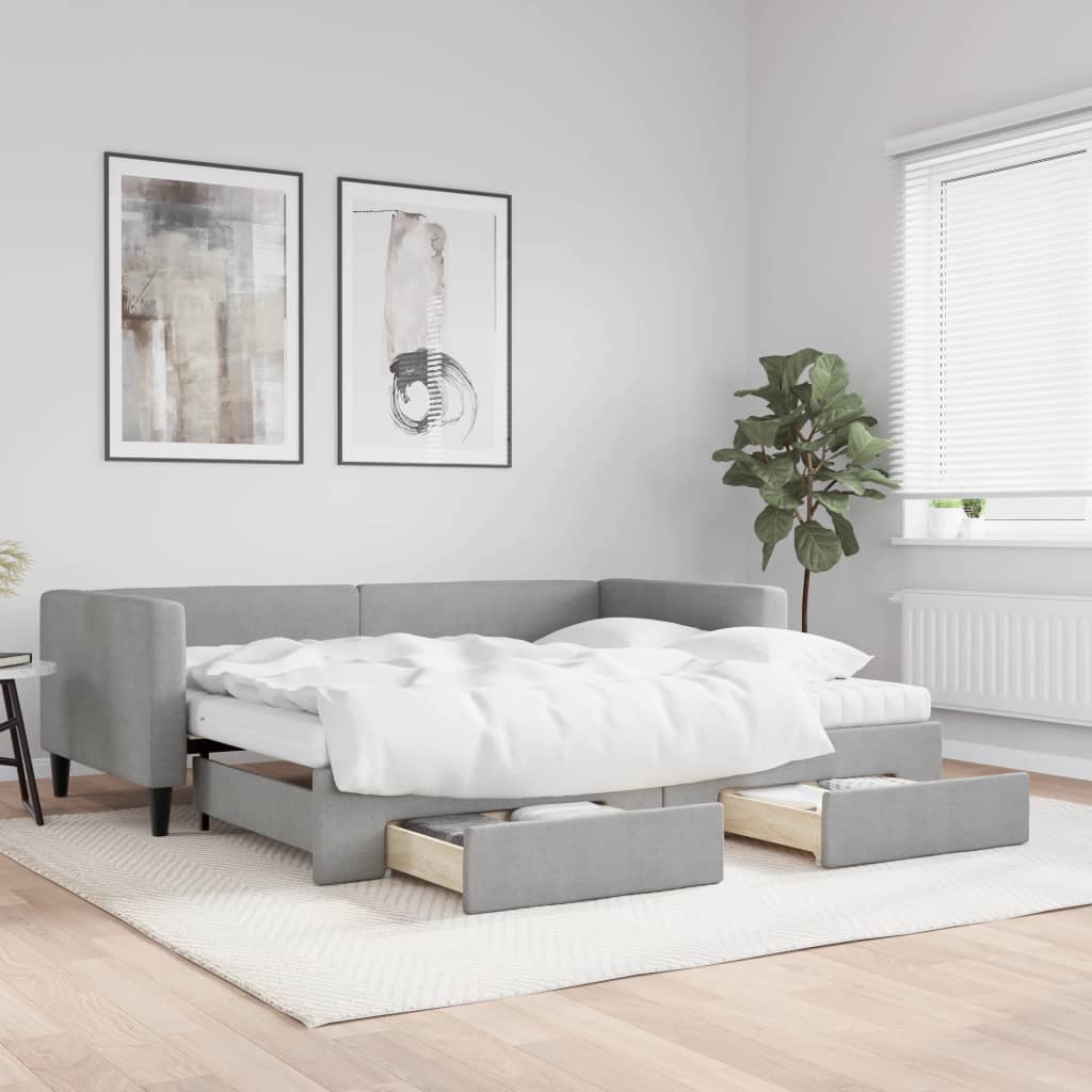 Lit de jour avec gigogne et tiroirs gris clair 90x190 cm tissu - XIOS