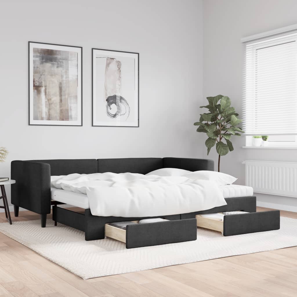 Lit de jour avec gigogne et tiroirs noir 90x190 cm tissu - XIOS