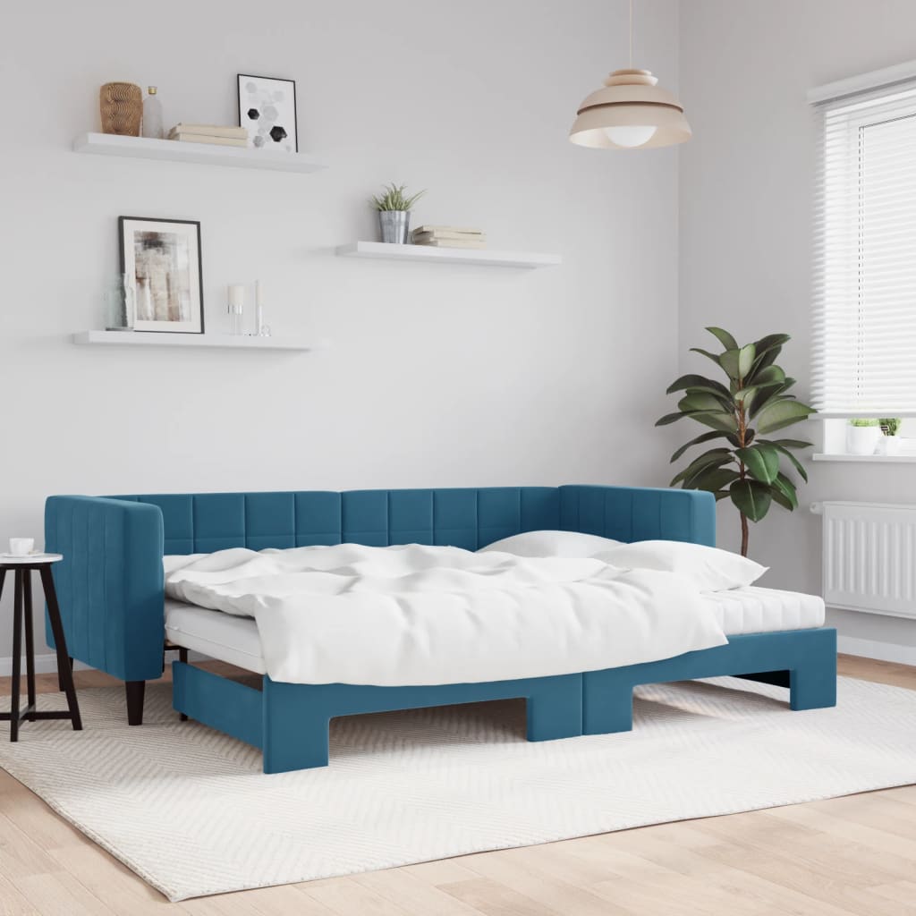 Lit de jour avec lit gigogne et matelas bleu 80x200 cm velours - XIOS