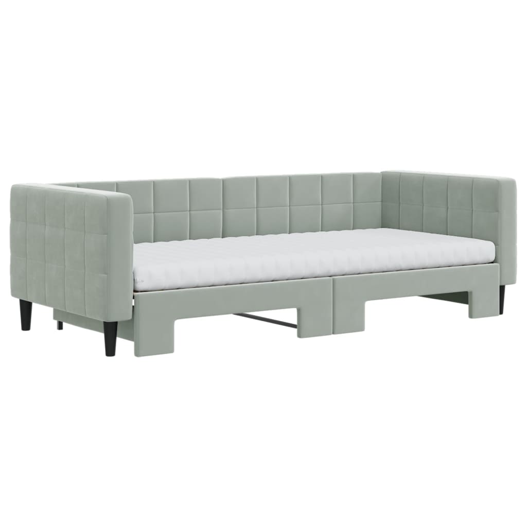 Lit de jour avec gigogne et matelas gris clair 90x200cm velours - XIOS