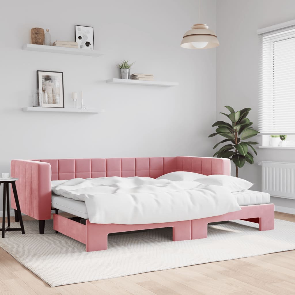 Lit de jour avec gigogne et matelas rose 90x200 cm velours - XIOS