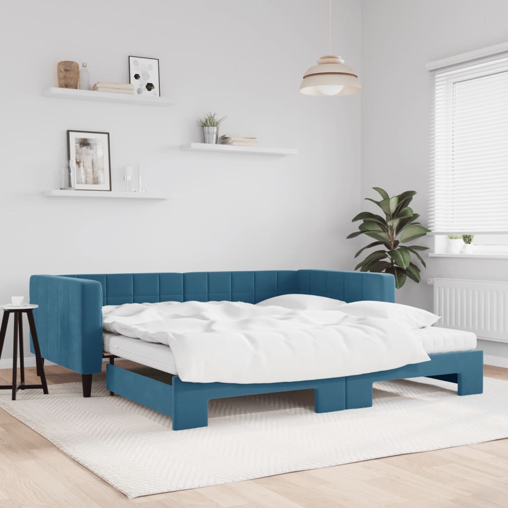 Lit de jour avec lit gigogne et matelas bleu 100x200 cm velours - XIOS