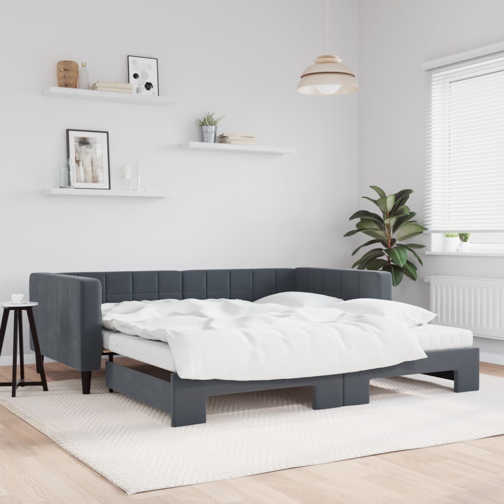 Lit de jour et gigogne et matelas gris foncé 100x200 cm velours - XIOS