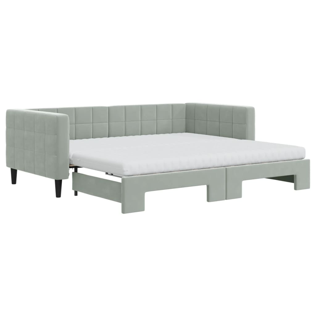 Lit de jour avec gigogne et matelas gris clair 90x190cm velours - XIOS
