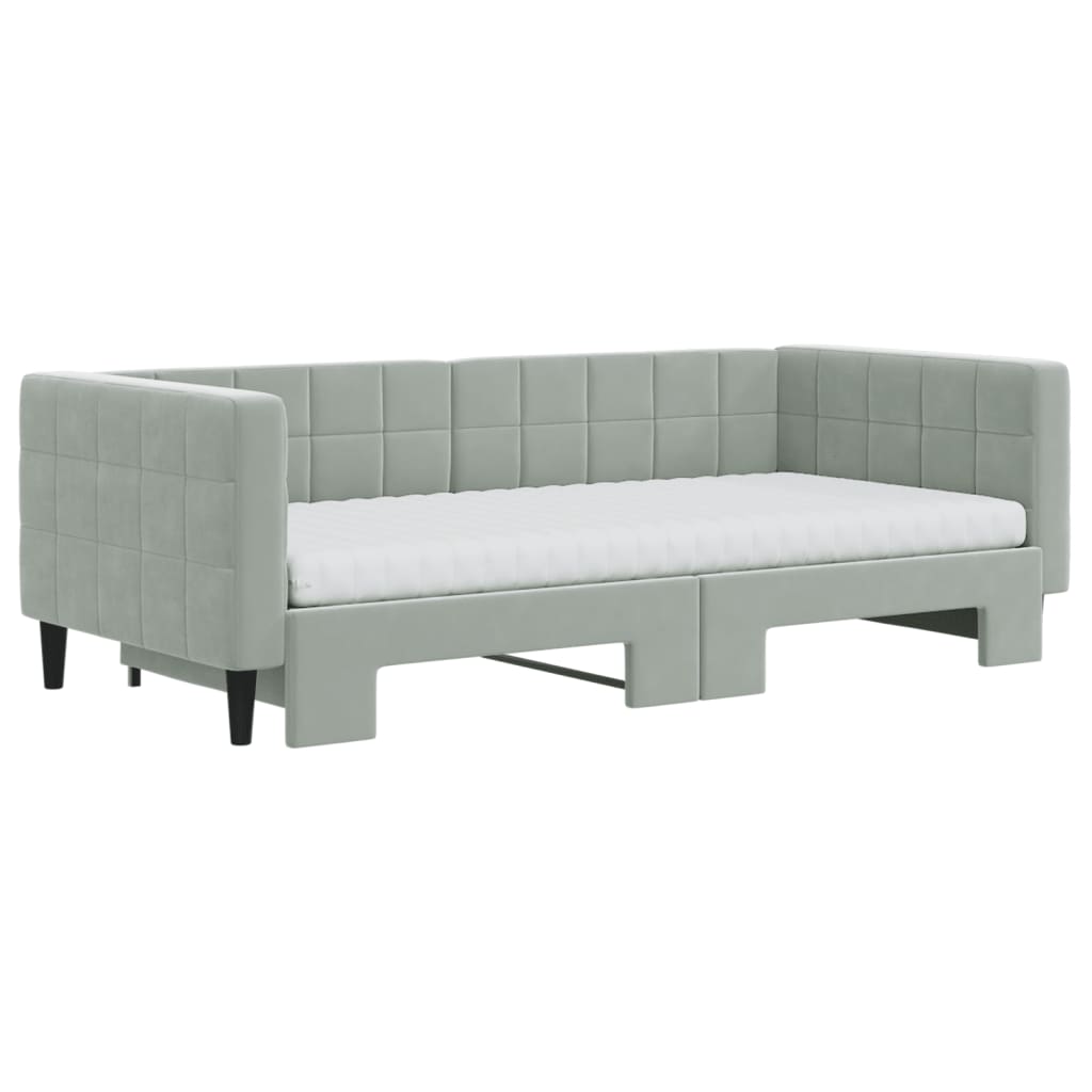 Lit de jour avec gigogne et matelas gris clair 90x190cm velours - XIOS