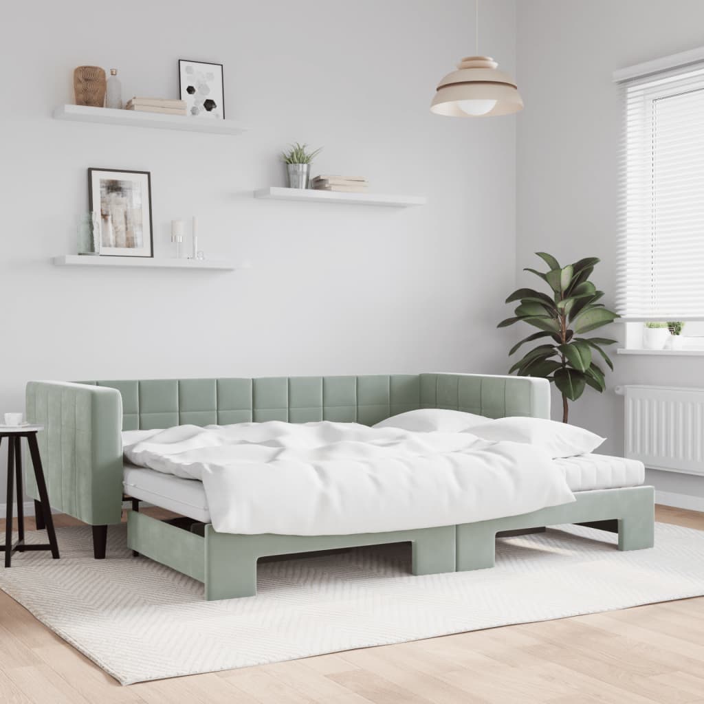 Lit de jour avec gigogne et matelas gris clair 90x190cm velours - XIOS