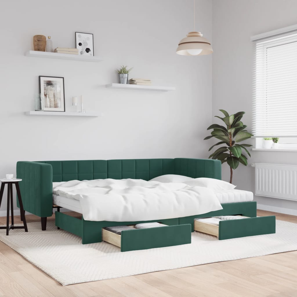 Lit de jour avec gigogne et tiroirs vert foncé 80x200cm velours - XIOS