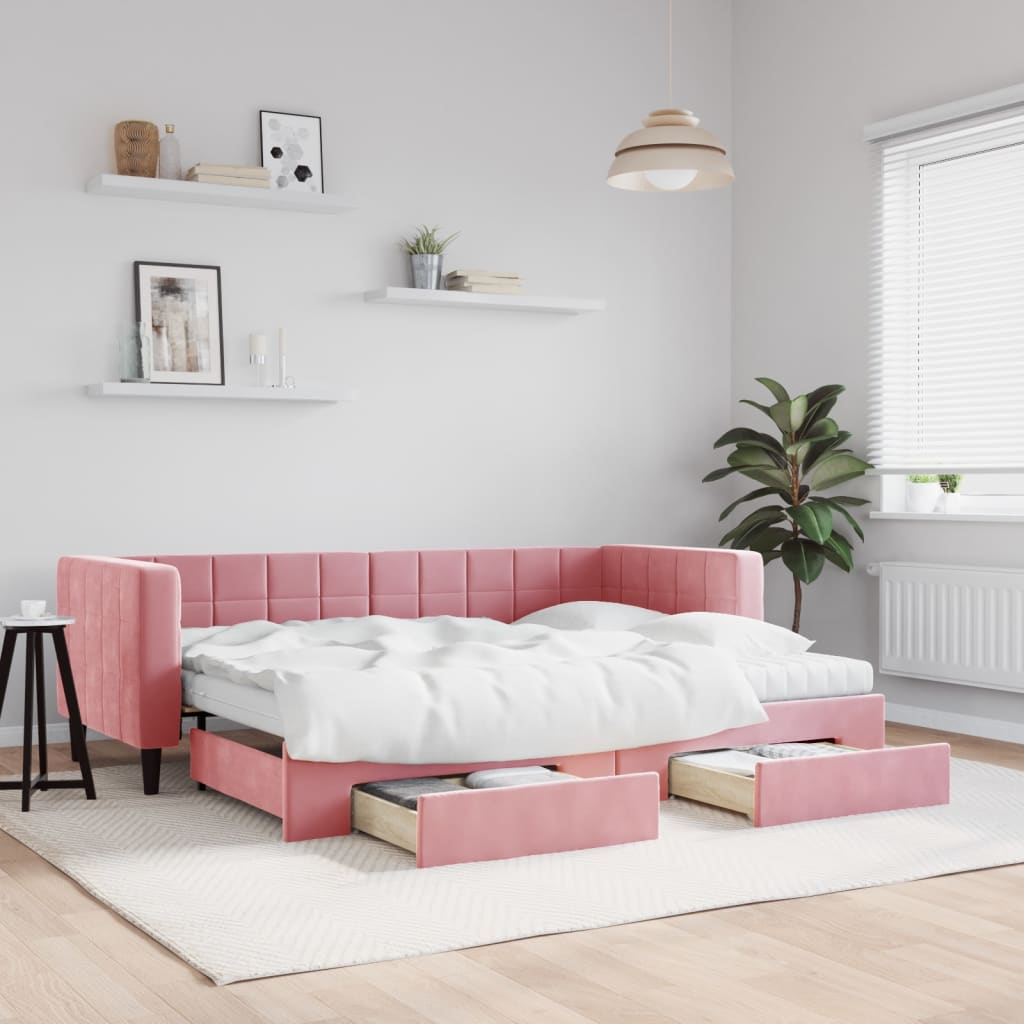 Lit de jour avec gigogne et tiroirs rose 80x200 cm velours - XIOS
