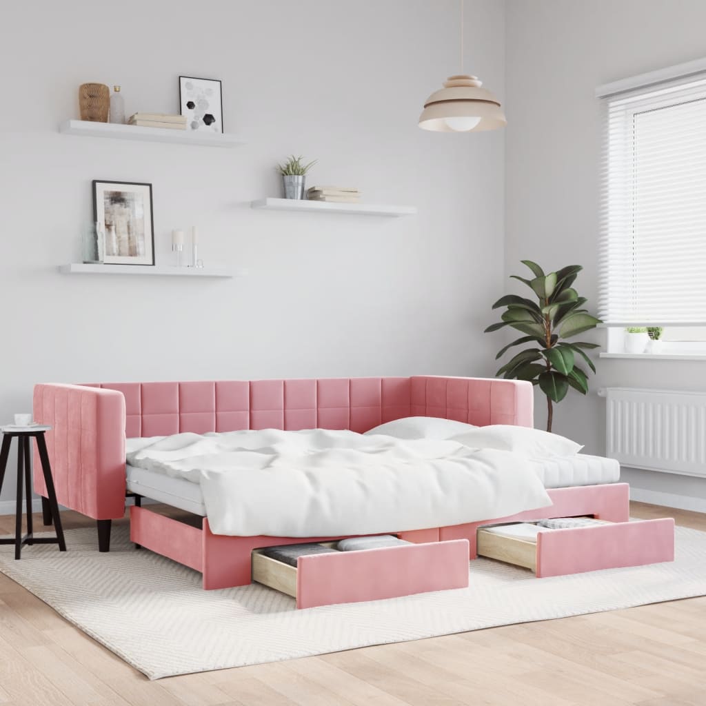 Lit de jour avec gigogne et tiroirs rose 90x200 cm velours - XIOS