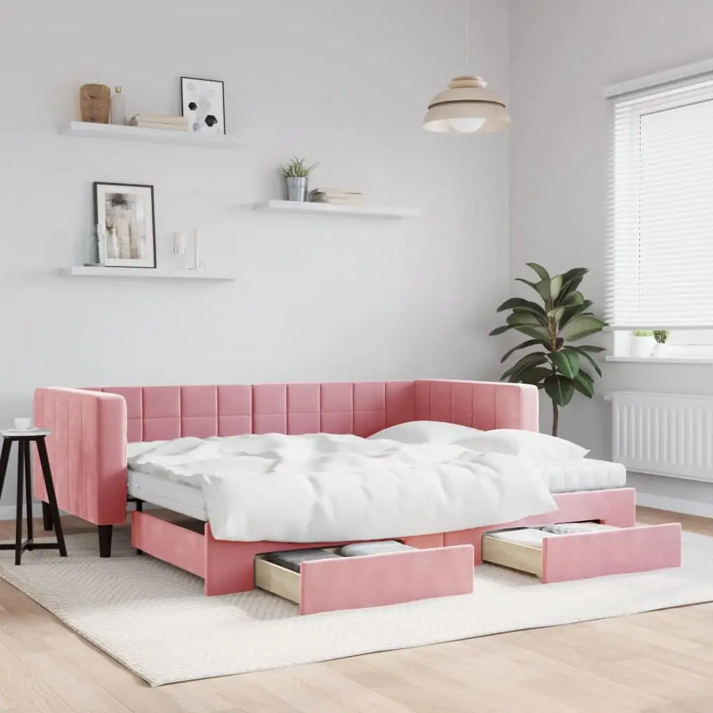 Lit de jour avec gigogne et tiroirs rose 90x200 cm velours - XIOS
