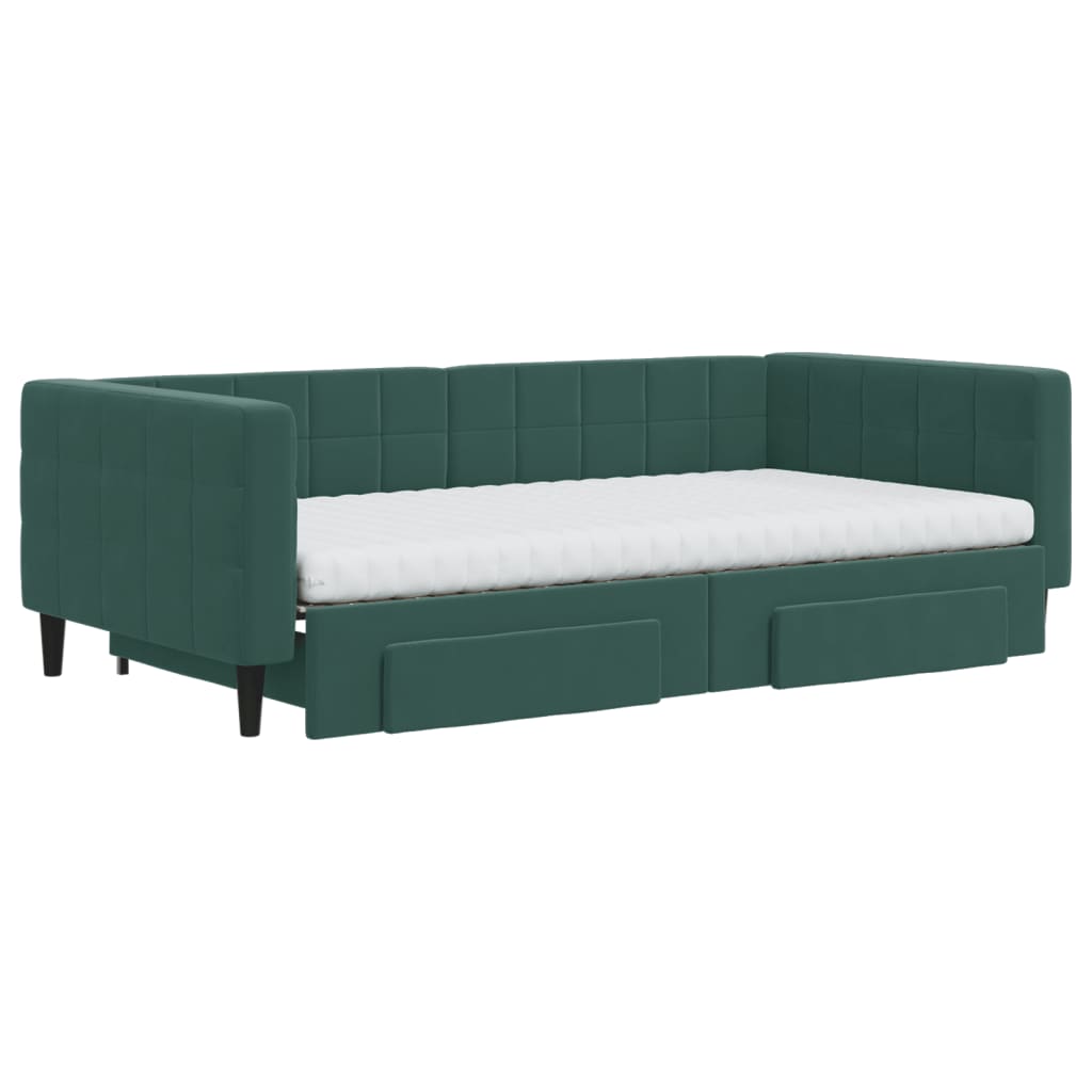 Lit de jour et gigogne et tiroirs vert foncé 100x200 cm velours - XIOS
