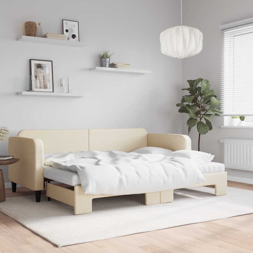 Lit de jour avec gigogne et matelas crème 80x200 cm tissu - XIOS