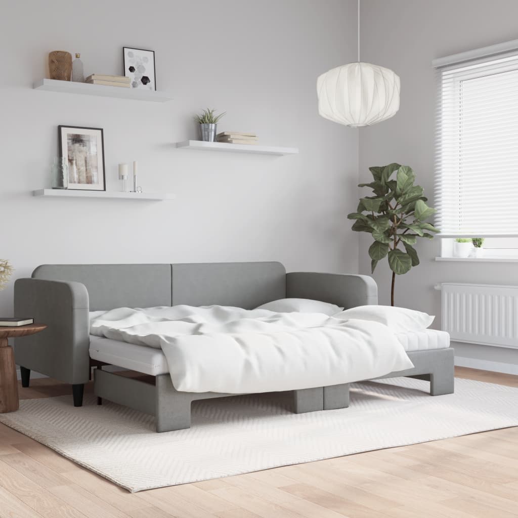 Lit de jour avec gigogne et matelas gris clair 90x200 cm tissu - XIOS