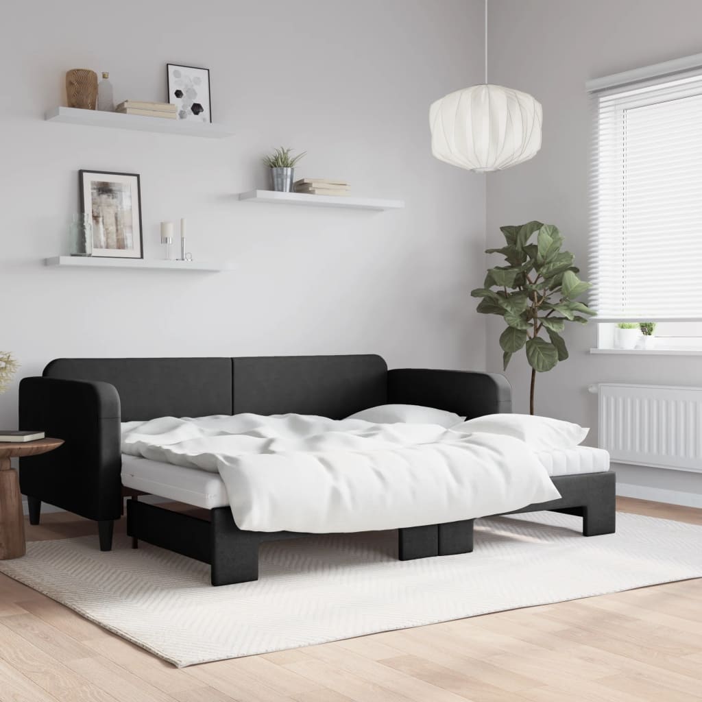 Lit de jour avec gigogne et matelas noir 90x200 cm tissu - XIOS