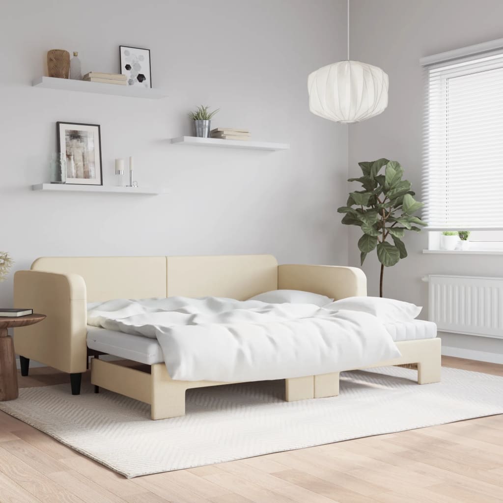 Lit de jour avec gigogne et matelas crème 90x200 cm tissu - XIOS