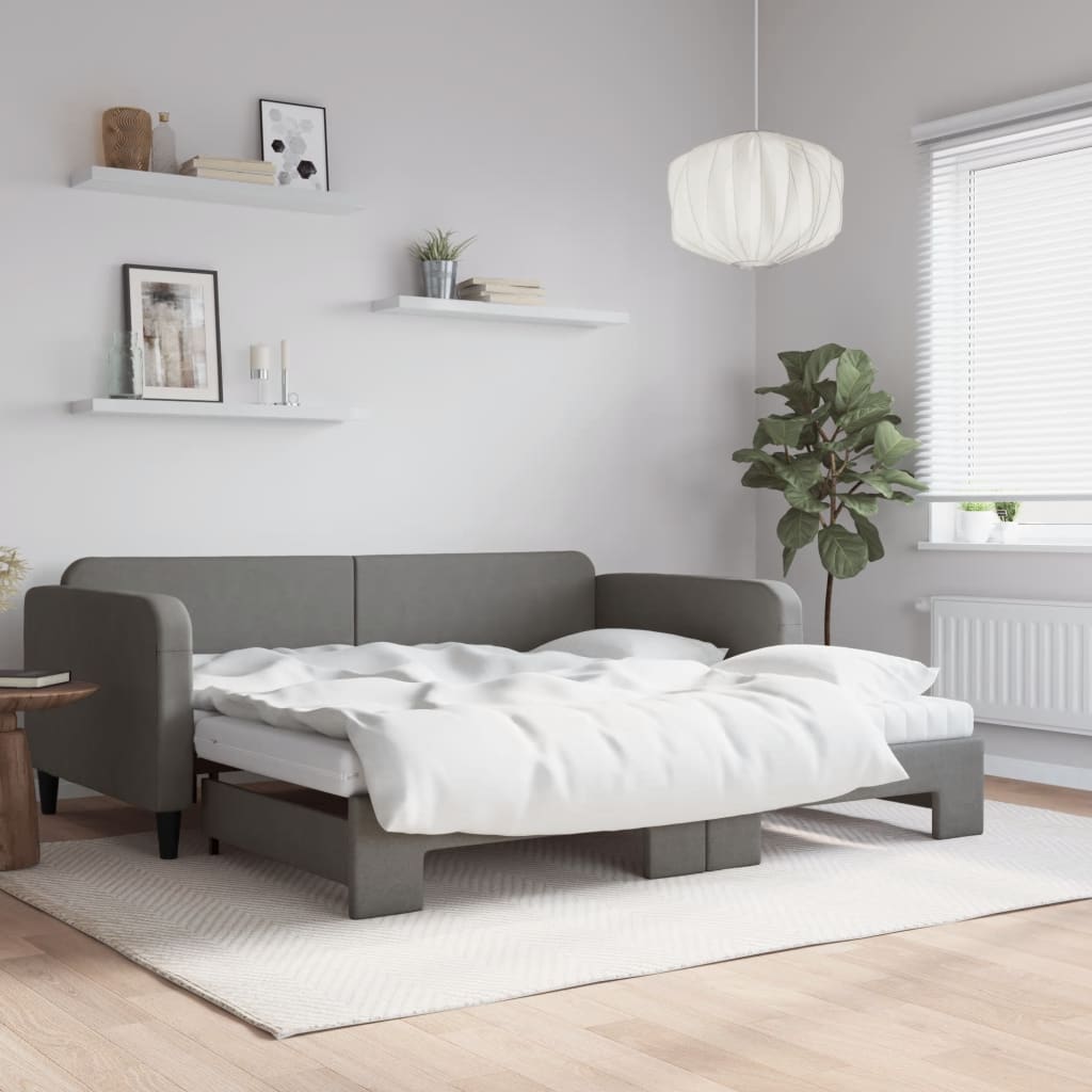 Lit de jour avec gigogne et matelas gris foncé 100x200 cm tissu - XIOS