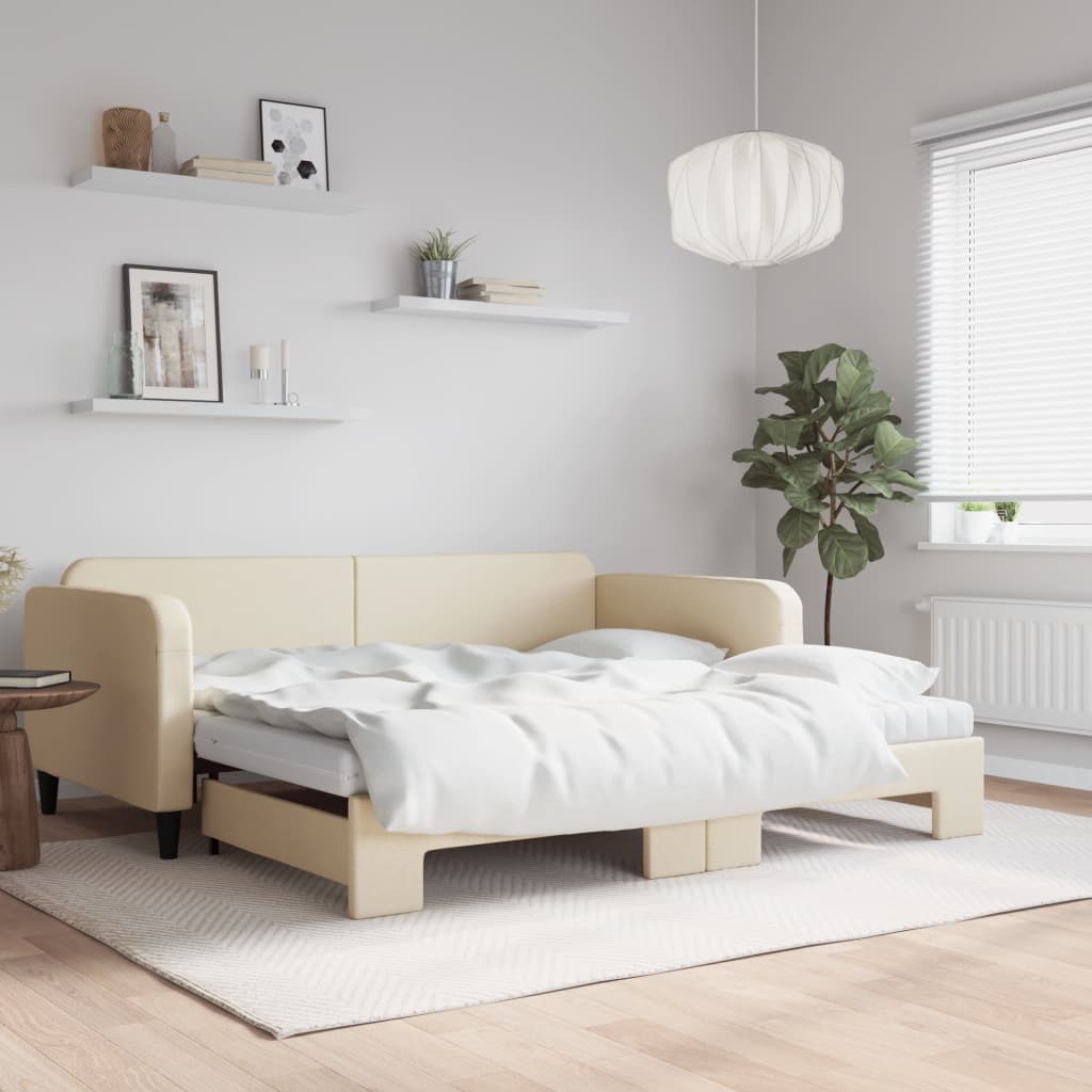Lit de jour avec gigogne et matelas crème 100x200 cm tissu - XIOS