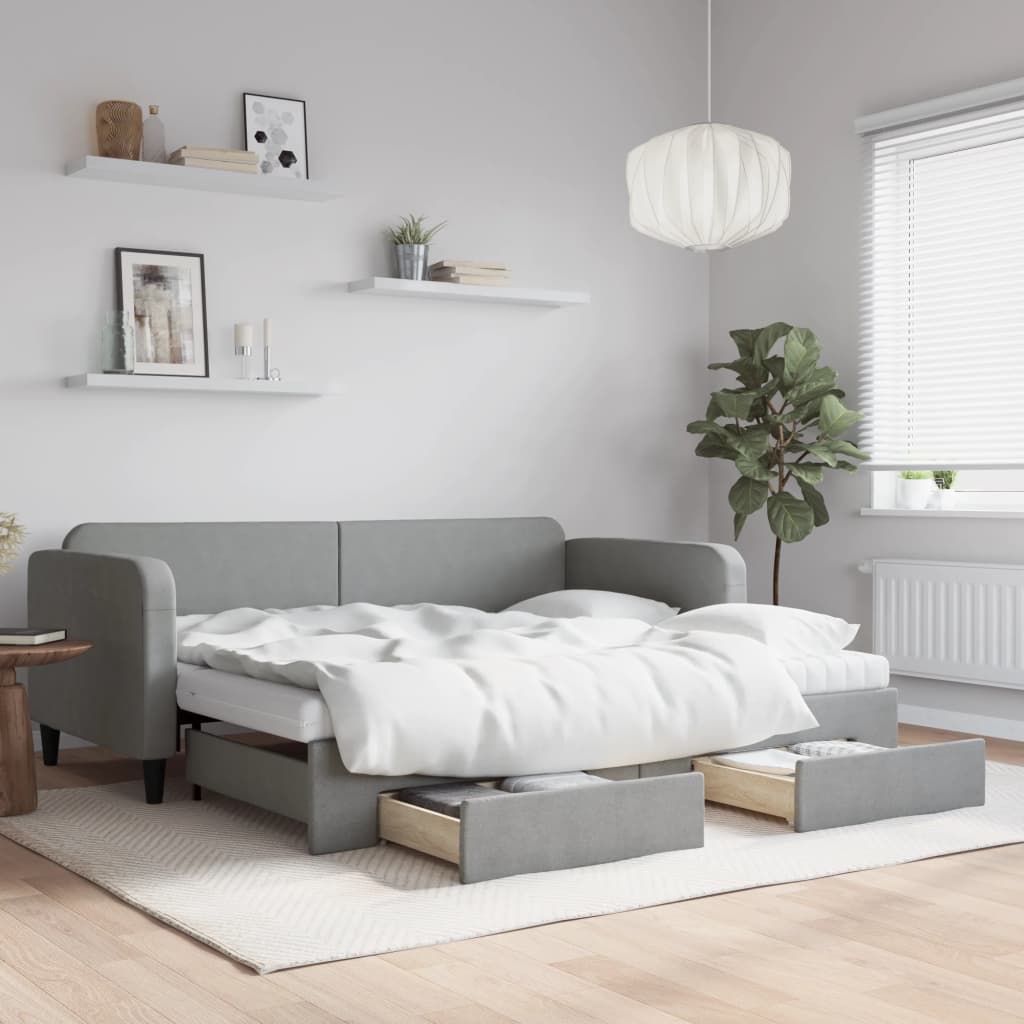 Lit de jour avec gigogne et tiroirs gris clair 90x200 cm tissu - XIOS
