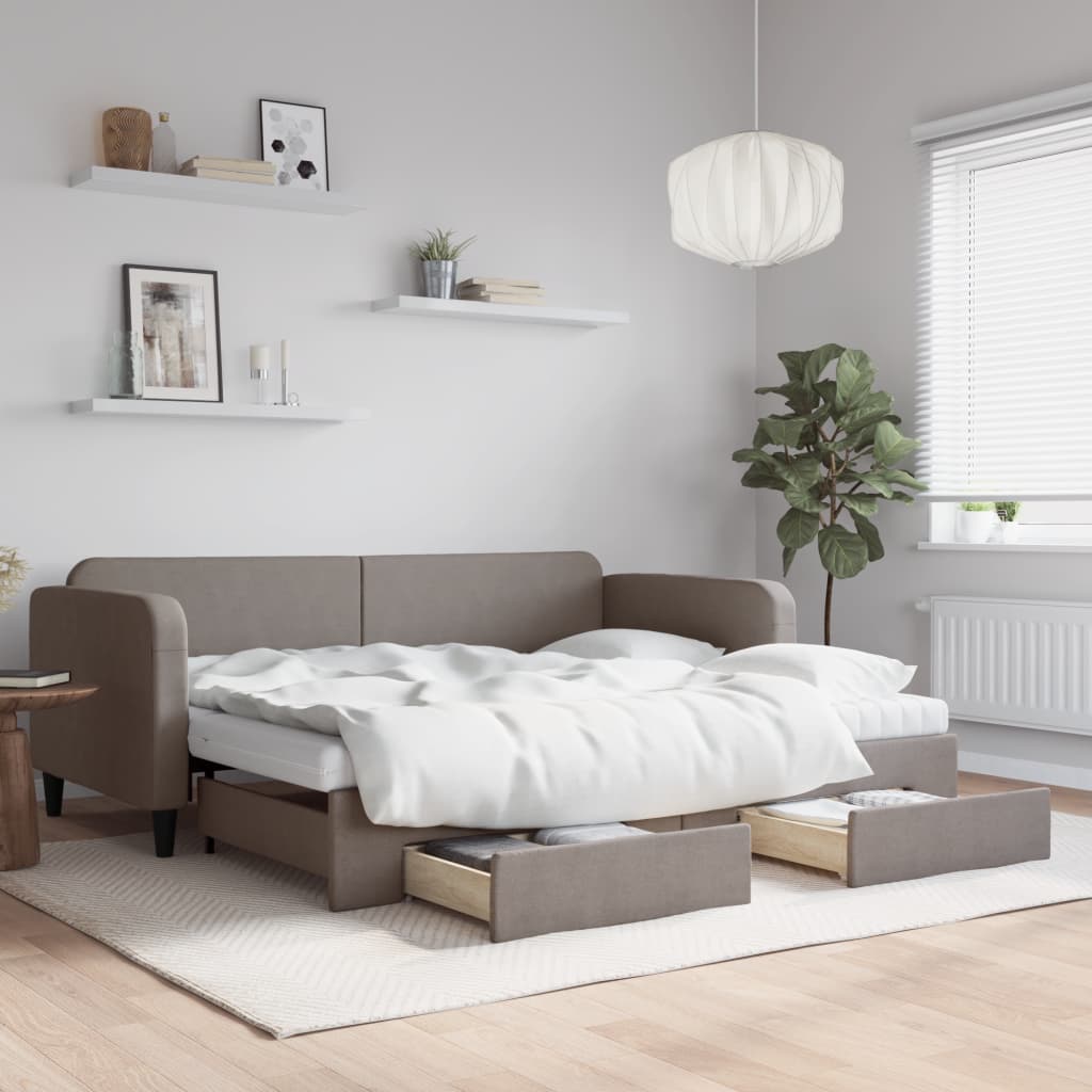 Lit de jour avec gigogne et tiroirs taupe 90x200 cm tissu - XIOS