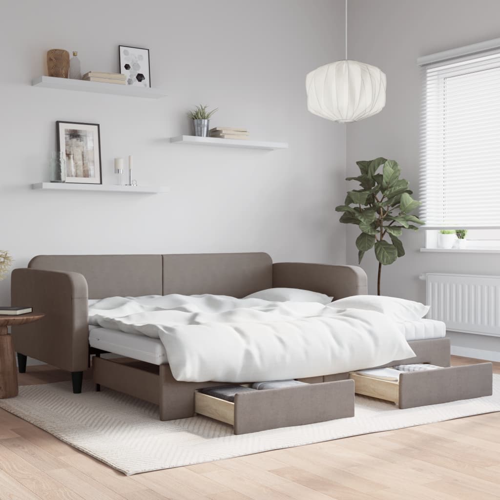 Lit de jour avec gigogne et tiroirs taupe 100x200 cm tissu - XIOS