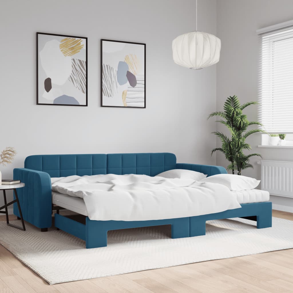 Lit de jour avec lit gigogne et matelas bleu 90x200 cm velours - XIOS