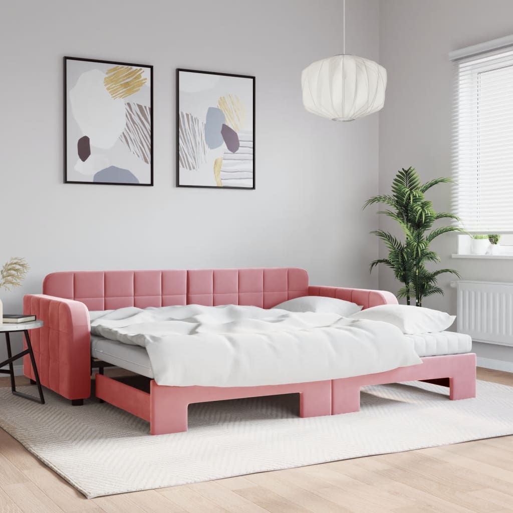 Lit de jour avec gigogne et matelas rose 90x200 cm velours - XIOS