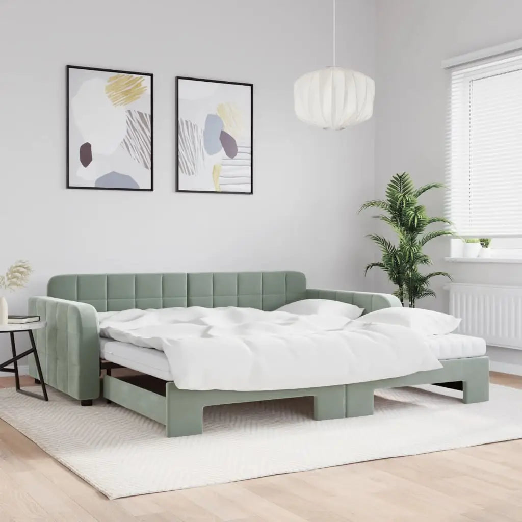 Lit de jour et gigogne et matelas gris clair 100x200 cm velours - XIOS