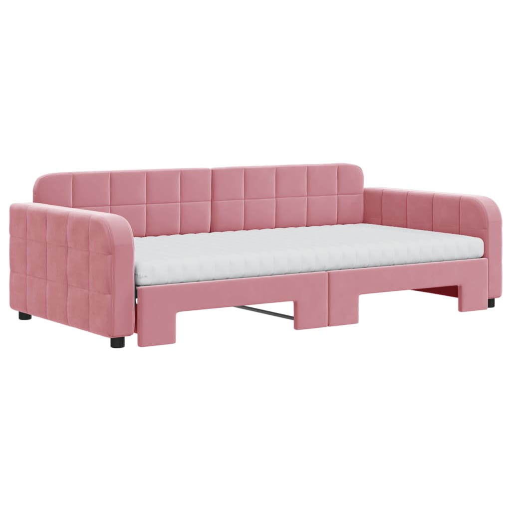 Lit de jour avec lit gigogne et matelas rose 100x200 cm velours - XIOS