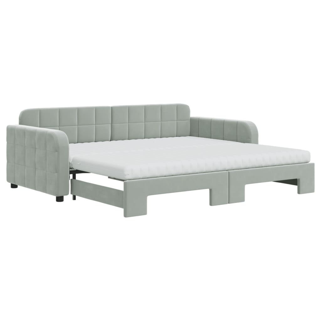 Lit de jour avec gigogne et matelas gris clair 90x190cm velours - XIOS