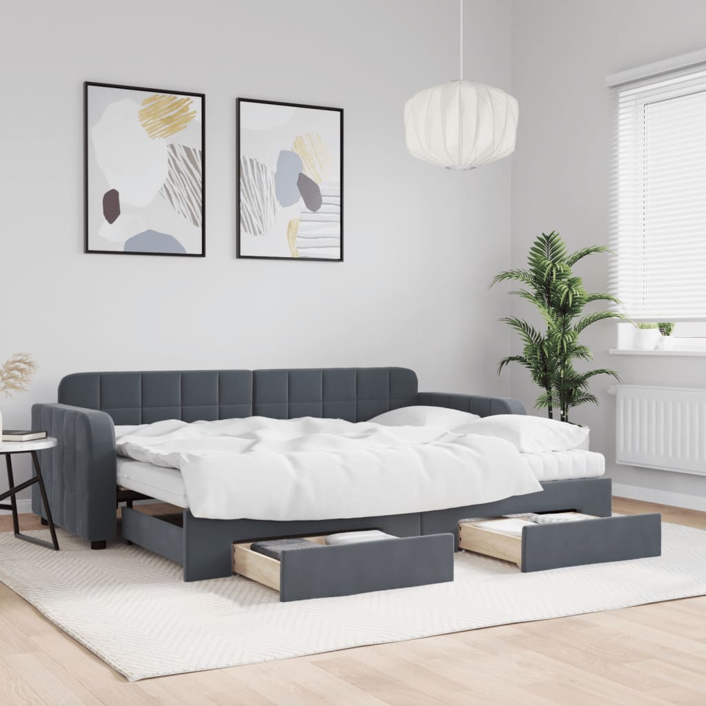 Lit de jour avec gigogne et tiroirs gris foncé 80x200cm velours - XIOS