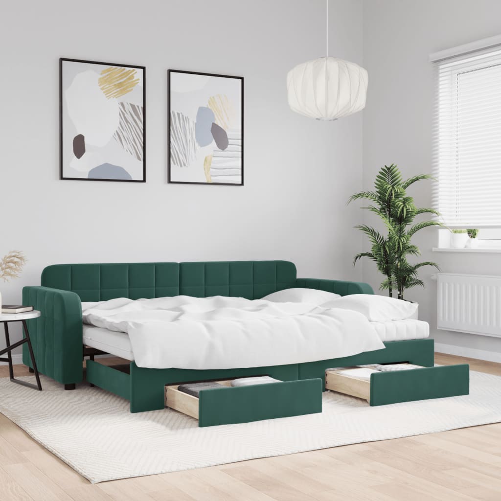 Lit de jour avec gigogne et tiroirs vert foncé 80x200cm velours - XIOS