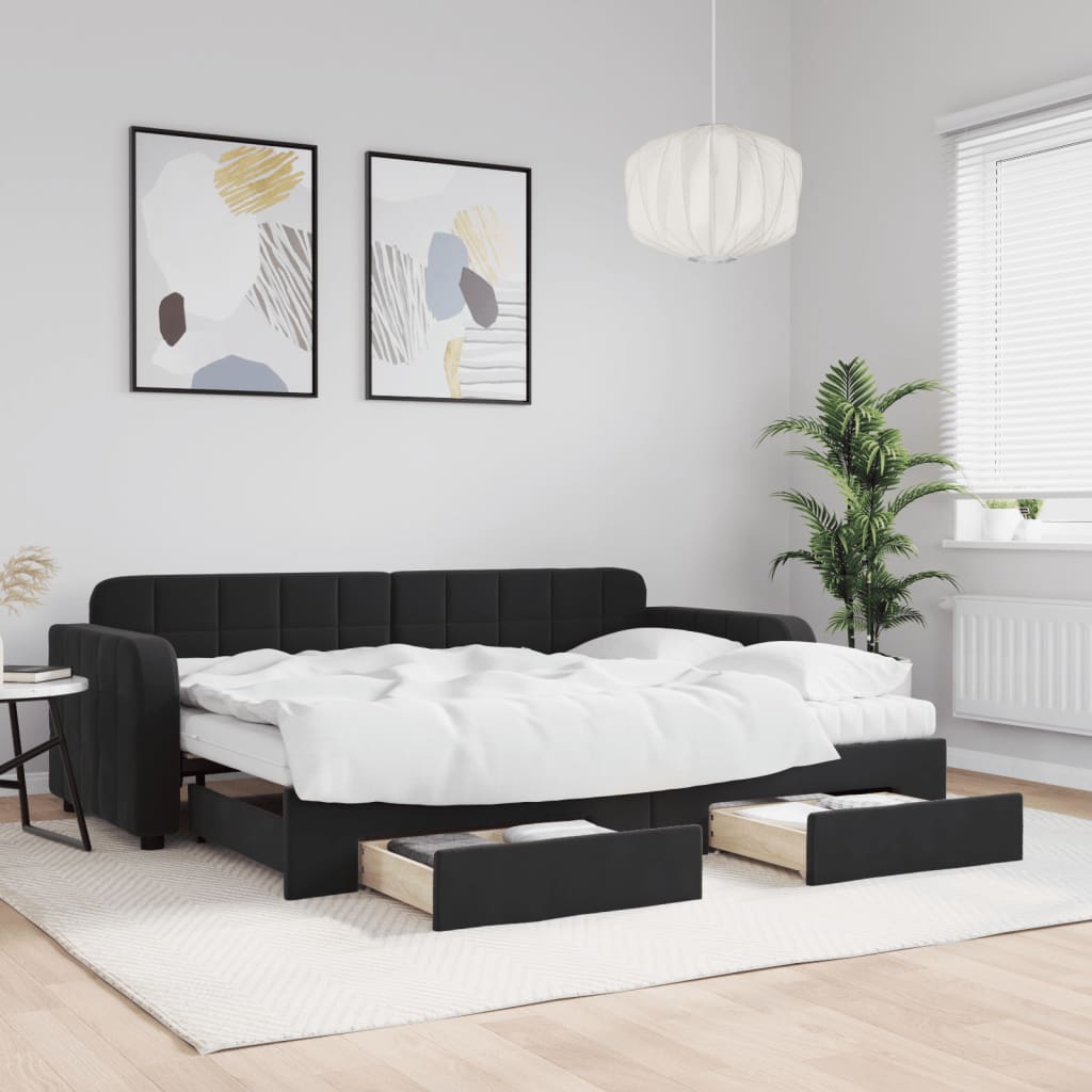 Lit de jour avec gigogne et tiroirs noir 80x200 cm velours - XIOS