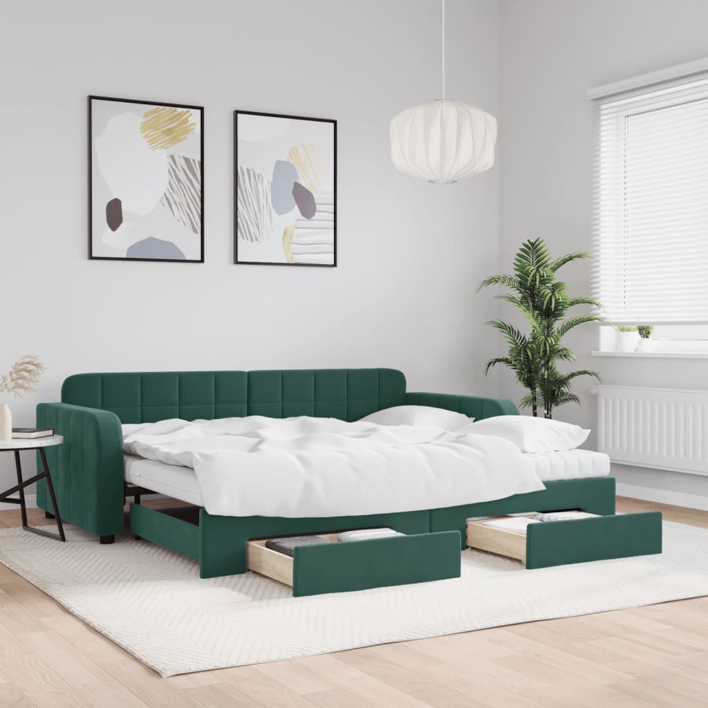 Lit de jour avec gigogne et tiroirs vert foncé 90x200cm velours - XIOS