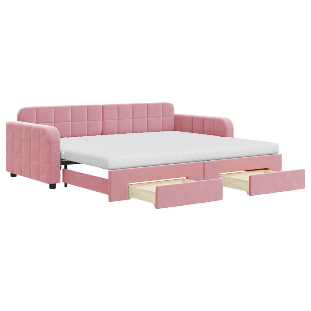 Lit de jour avec gigogne et tiroirs rose 90x200 cm velours - XIOS