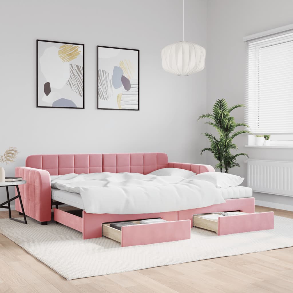 Lit de jour avec gigogne et tiroirs rose 90x200 cm velours - XIOS