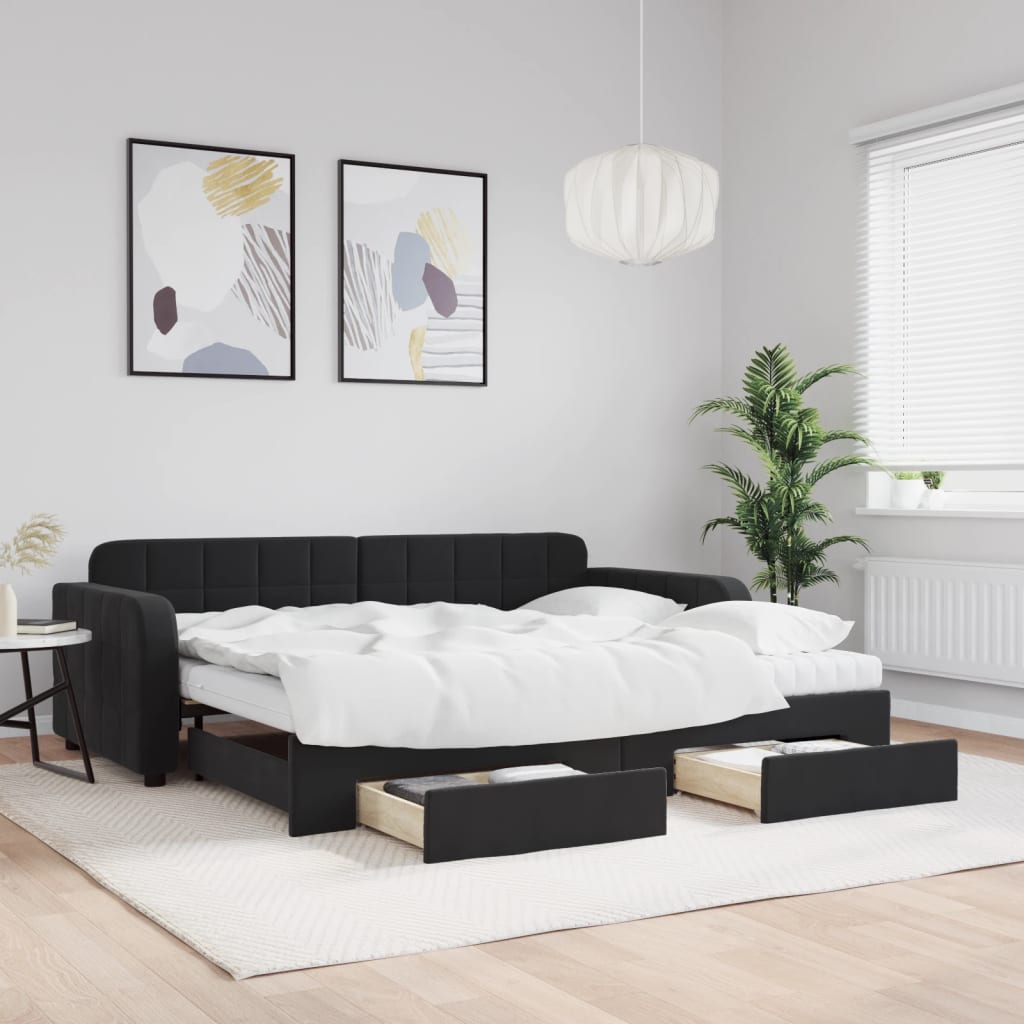 Lit de jour avec gigogne et tiroirs noir 90x200 cm velours - XIOS