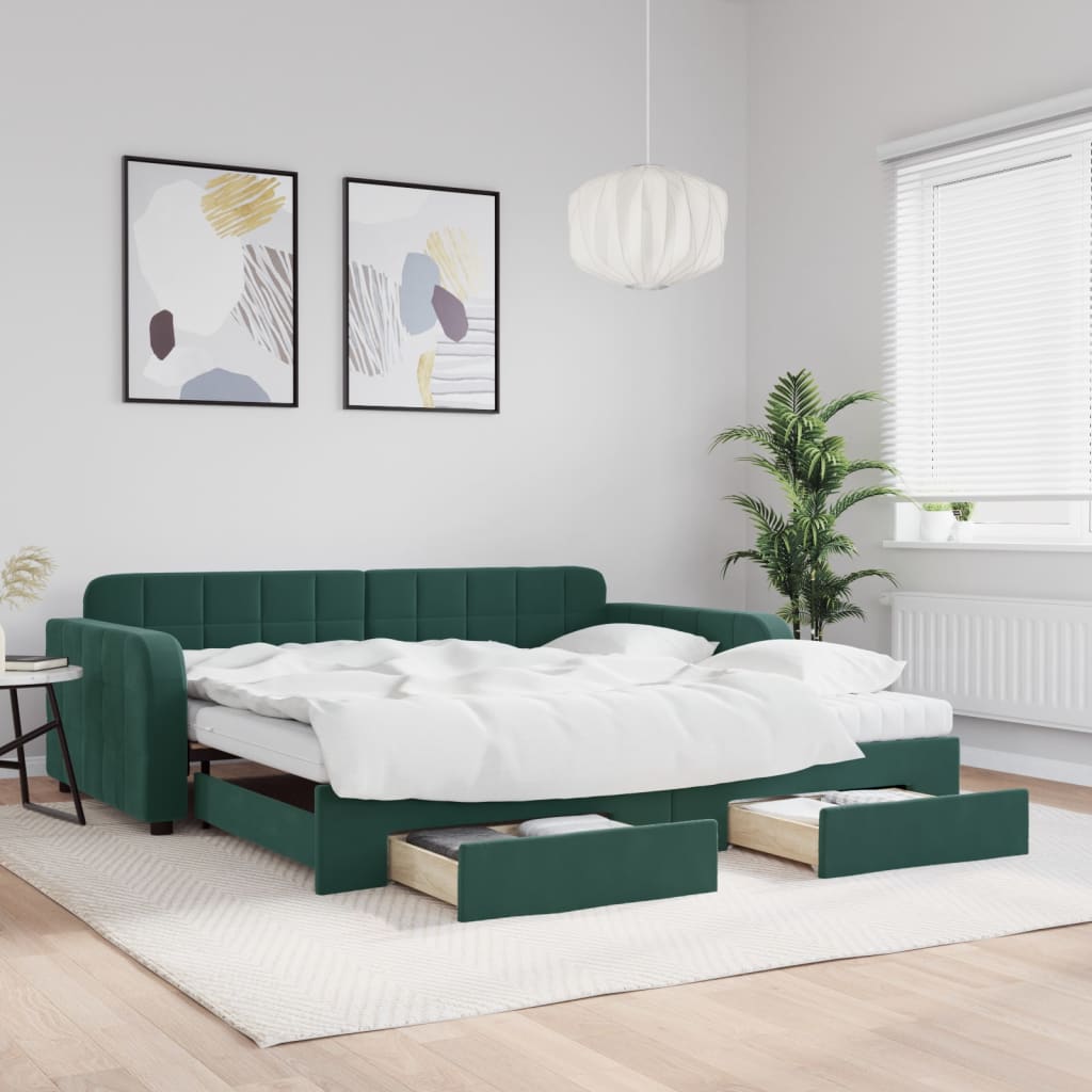 Lit de jour et gigogne et tiroirs vert foncé 100x200 cm velours - XIOS