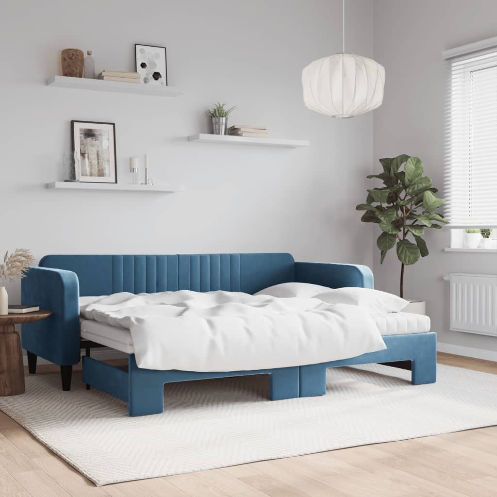 Lit de jour avec lit gigogne et matelas bleu 80x200 cm velours - XIOS