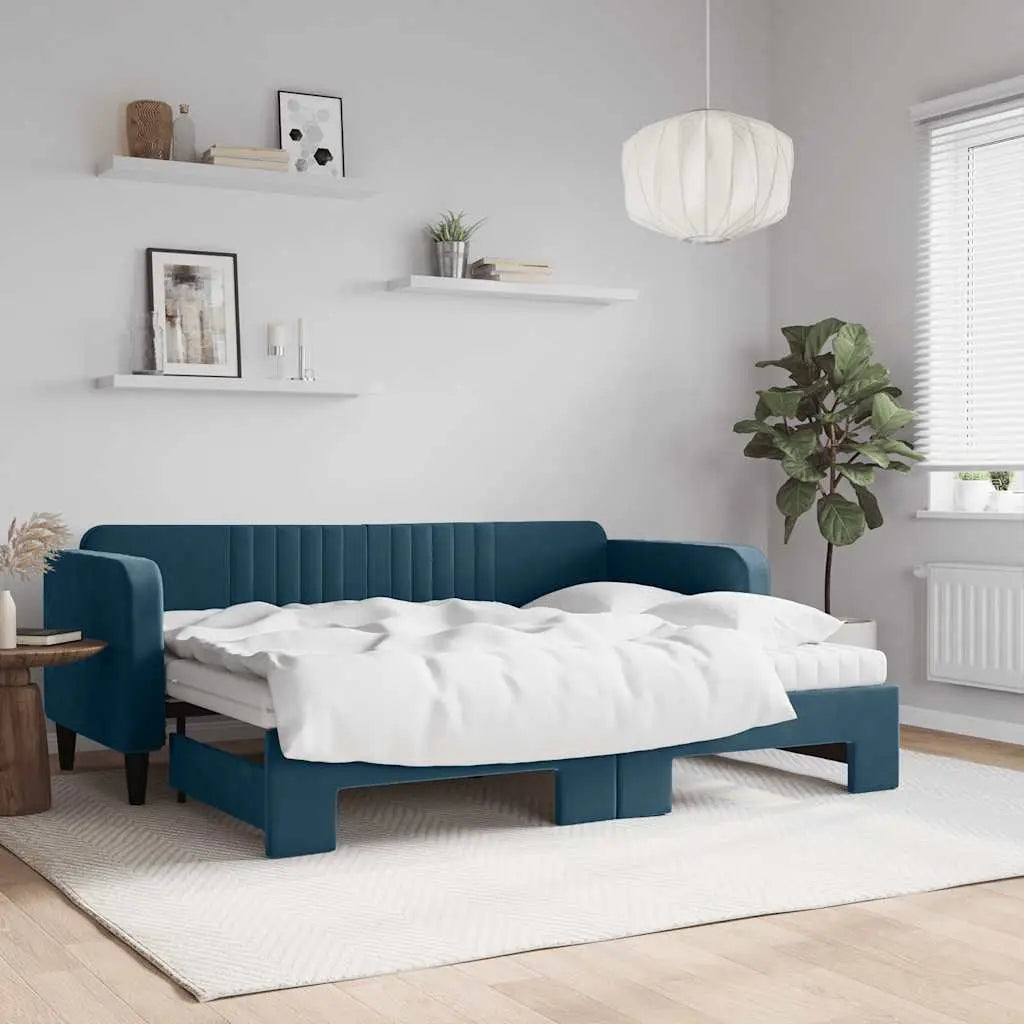 Lit de jour avec lit gigogne et matelas bleu 80x200 cm velours - XIOS