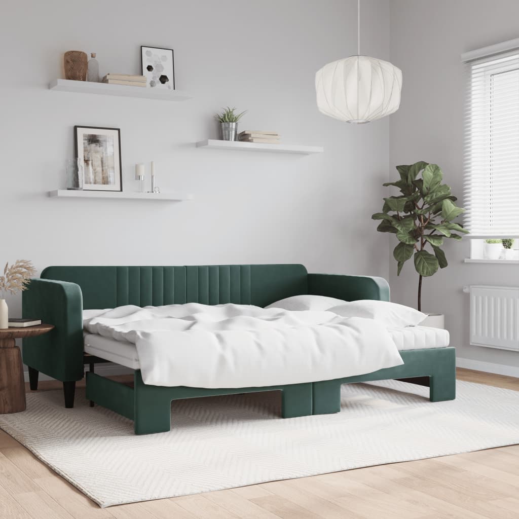 Lit de jour avec gigogne et matelas vert foncé 80x200cm velours - XIOS