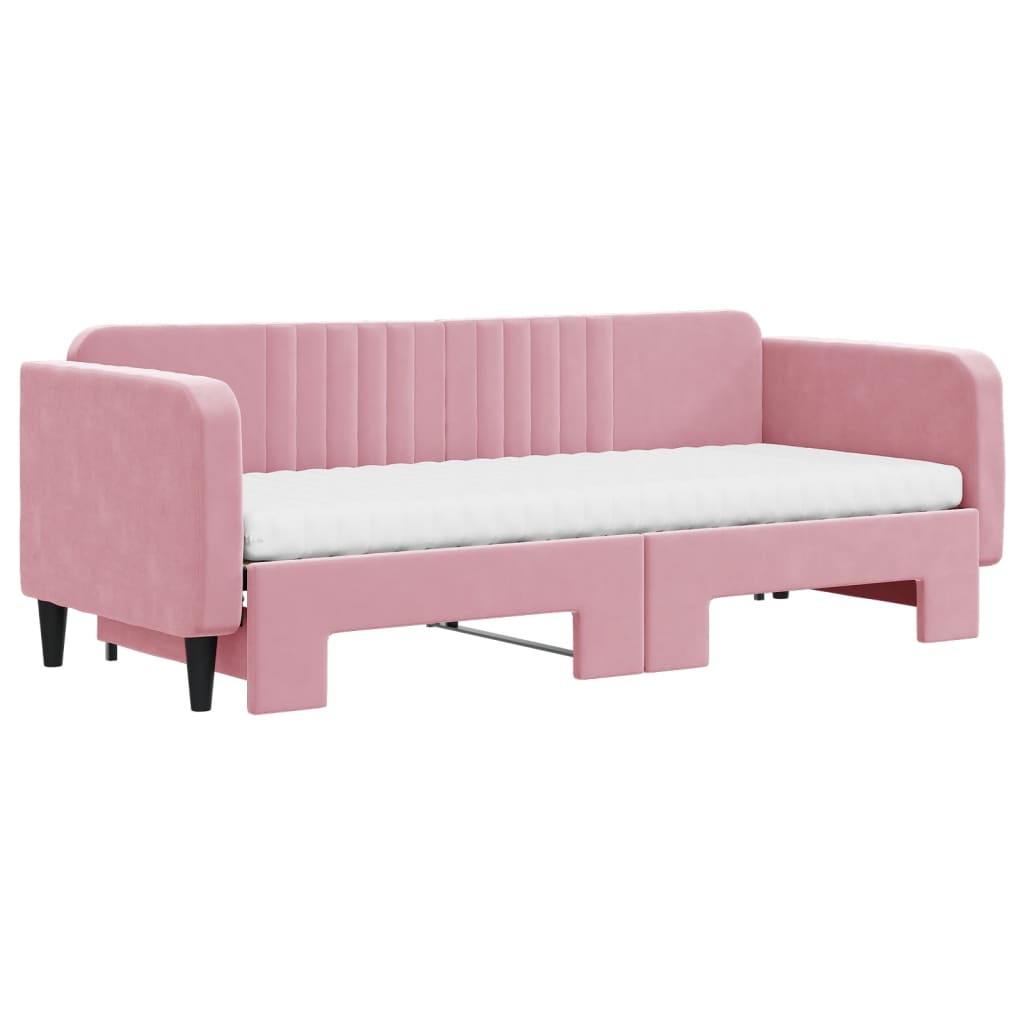 Lit de jour avec lit gigogne et matelas rose 80x200 cm velours - XIOS