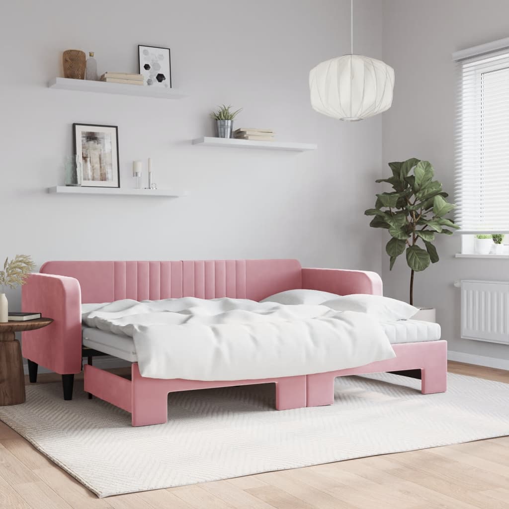 Lit de jour avec lit gigogne et matelas rose 80x200 cm velours - XIOS