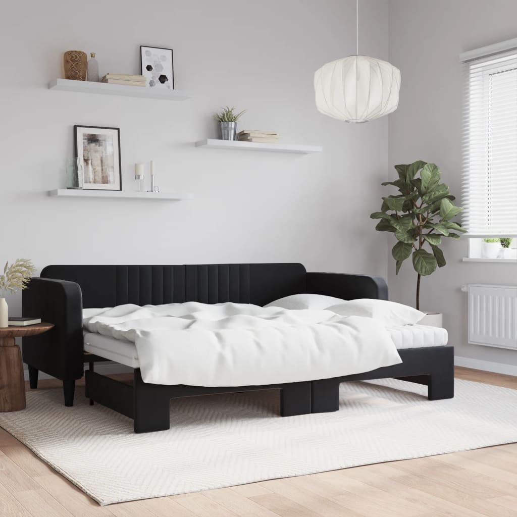 Lit de jour avec lit gigogne et matelas noir 80x200 cm velours - XIOS