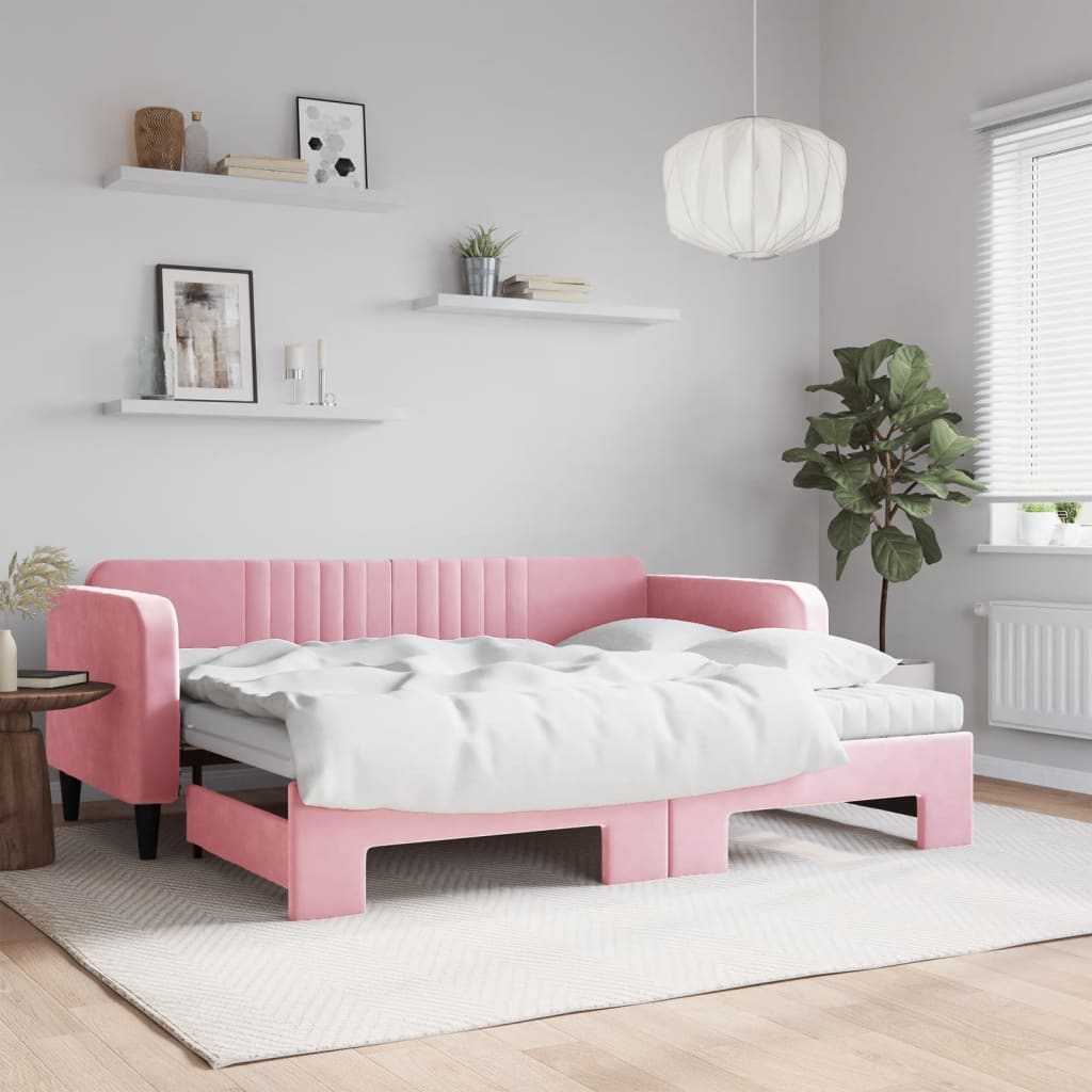Lit de jour avec gigogne et matelas rose 90x200 cm velours - XIOS