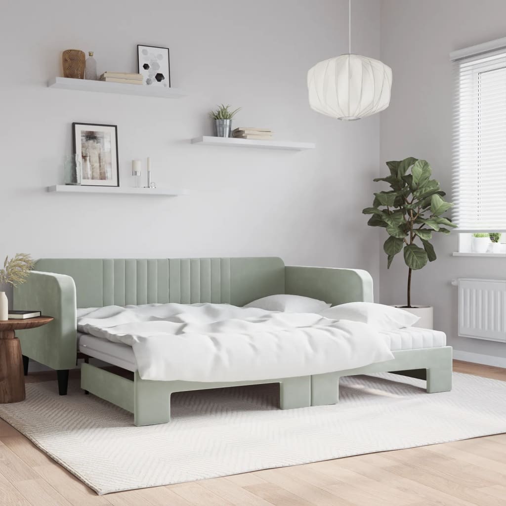 Lit de jour et gigogne et matelas gris clair 100x200 cm velours - XIOS