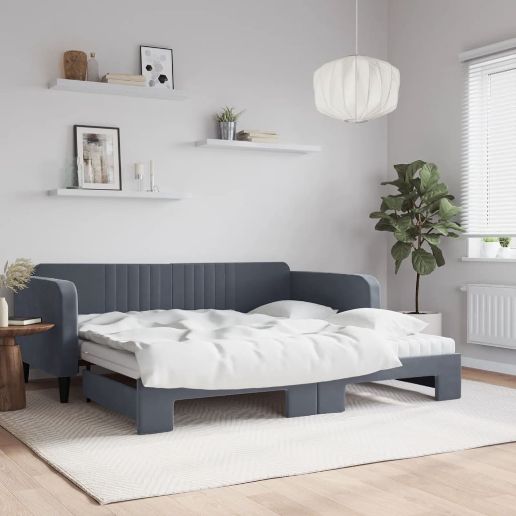 Lit de jour et gigogne et matelas gris foncé 100x200 cm velours - XIOS
