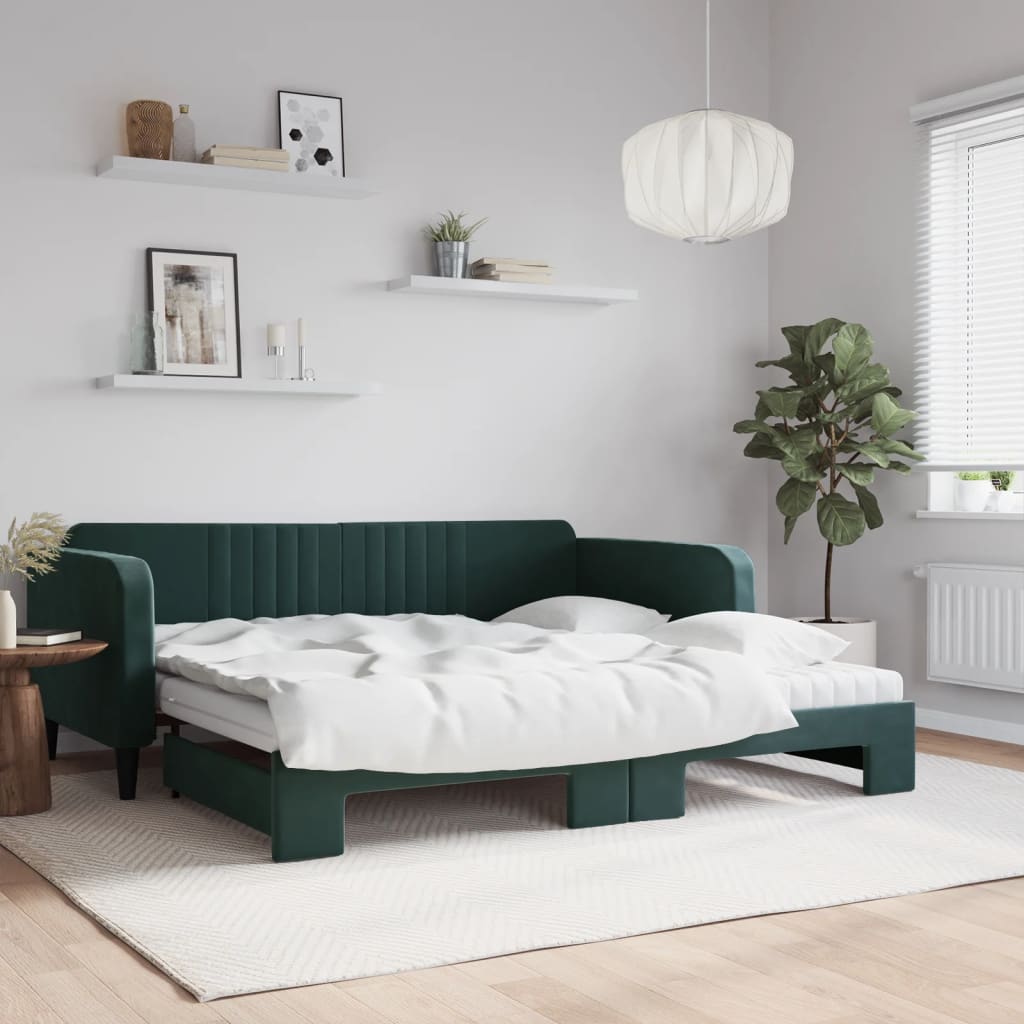 Lit de jour et gigogne et matelas vert foncé 100x200 cm velours - XIOS