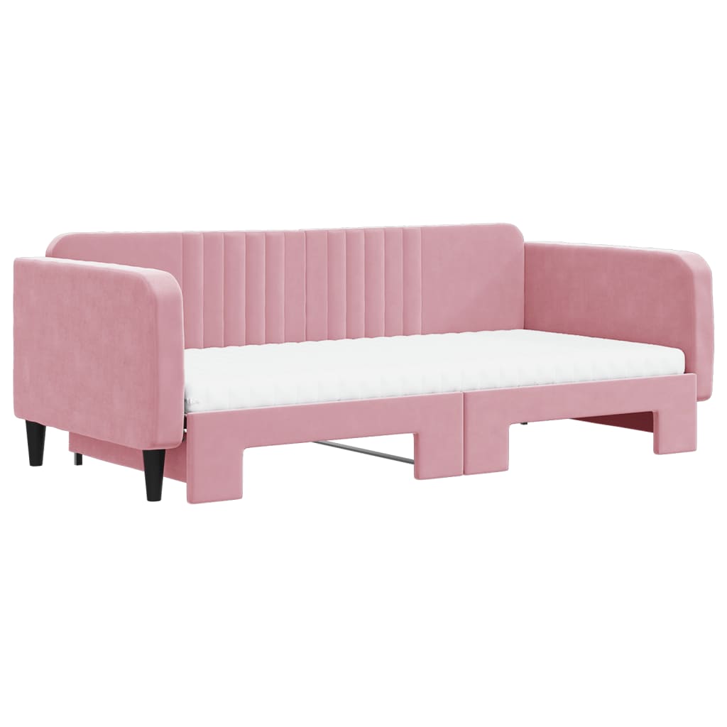 Lit de jour avec lit gigogne et matelas rose 100x200 cm velours - XIOS